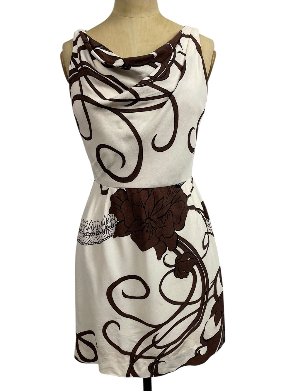 VTG Miss Elliette California Cowl Mini Dress Brown Mod Floral 60s 70s Wiggle
